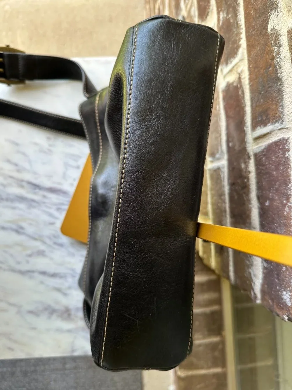 Jones New York Vintage Black Leather Shoulder Crossbody Adjustable Brass Buckle